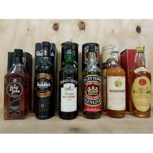 148 - Six bottles of whisky; Auchentoshan 10 year old, Long John Macdonald 12 year old, Dufftown Glenlivet... 