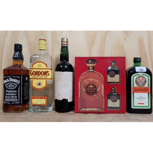 150 - Assorted alcohol comprising Jack Daniels 1L, Jagermeister 70cl, Gordon's gin 1L and Lepanto brandy i... 