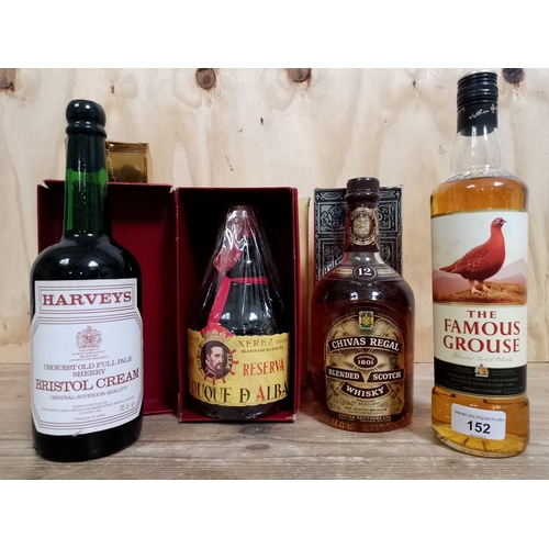 152 - A mix lot of alcohol comprising Chivas Regal 12 year old Scotch whisky 750ml, Famous Grouse Scotch w... 