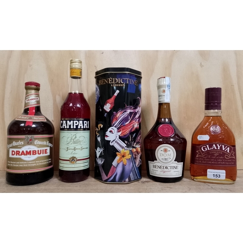 153 - A mixed lot of liqueurs comprising Glayva 50cl, 1980s Drambuie 1L, Campari 70cl and Benedictine 700m... 