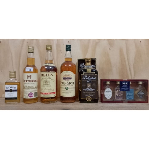 154 - A mixed lot of whisky comprising Ballentine's 12 year old Scotch whisky, Bell's Scotch whisky 1L, Ia... 