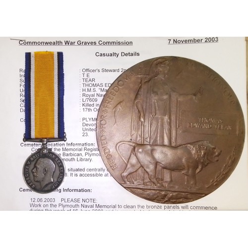 189 - Royal Navy British War medal and death plaque awarded to Thomas Award Teear HMS Mary Rose, killed in... 