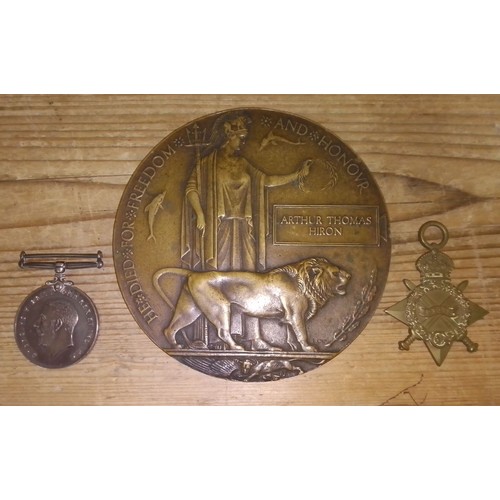 184 - WWI British War and 1914/15 star together with matching death plaque awarded to Arthur Thomas Hiron ... 