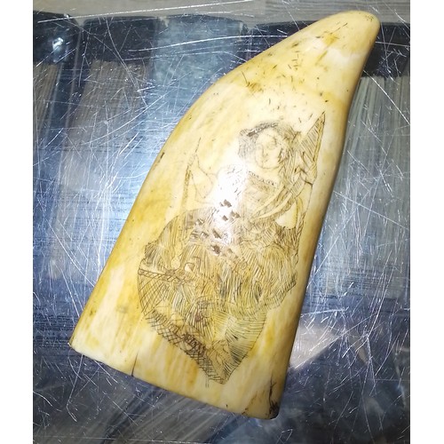 185 - A 19th century sailor's whale tooth scrimshaw, the carving depicting a lady wearing a dress with one... 