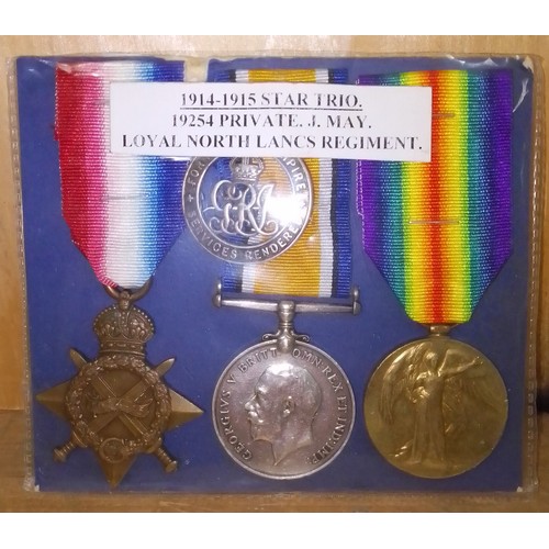 190 - WWI group of three awarded to 19254 Private J. May Loyal North Lancashire Regiment