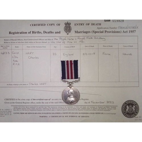 200 - A WWI Military Medal awarded to 40933 Corporal Charles. H. Hart 5C. RES: BDE: R.F.A. together with c... 