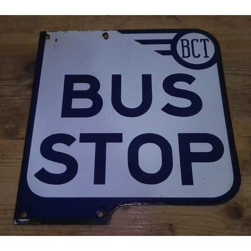 452 - An enamelled bus stop sign, 30cm x 32cm.