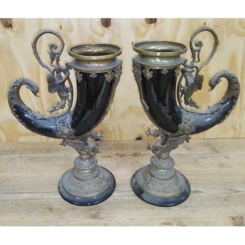 431 - A pair of large brass mounted cornucopia vases, height 46cm.