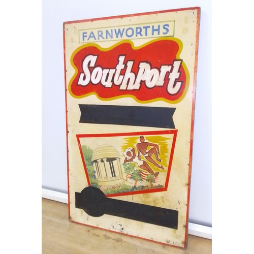 435 - A vintage painted board tourism sign, for Farnworth coach company, destination Southport, 55.5cm x 9... 