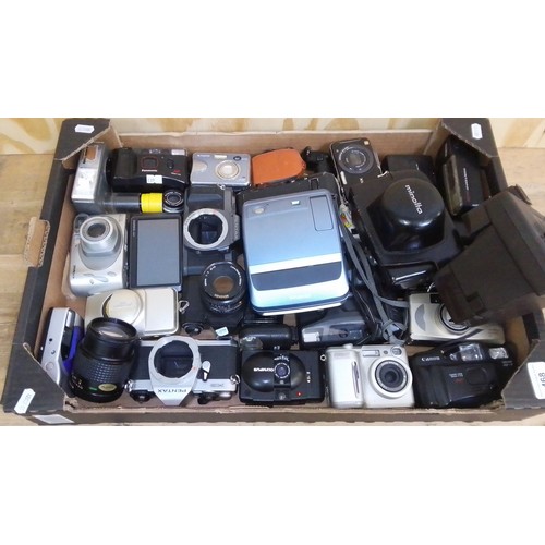 468 - A box of mixed cameras including Olympus compacts, Cannon, Nikon, Polaroid, etc.