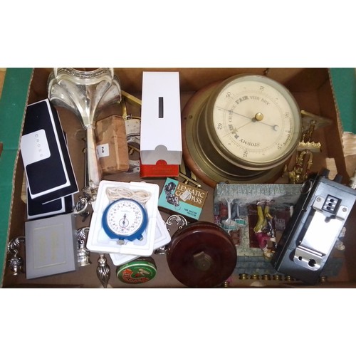 484 - A box of assorted items including a ship's bulk head barometer, Cross pens, watch parts etc. etc.