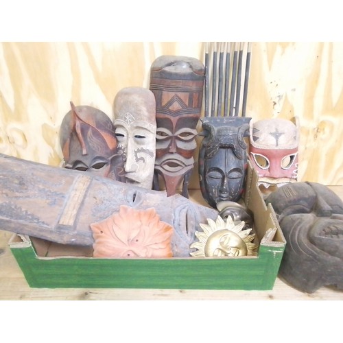 457 - A box of assorted wooden, pottery and metal masks.