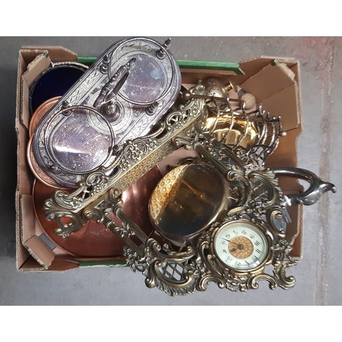 68 - Assorted metal ware including a brass clock etc.