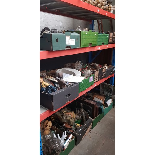98 - 12 boxes of assorted items including glass wares, brass, ornaments, briefcases, pictures, picture fr... 