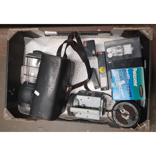 86 - A Bell and Howell cine camera, a railway lamp, lead acid batteries, 2 heaters etc