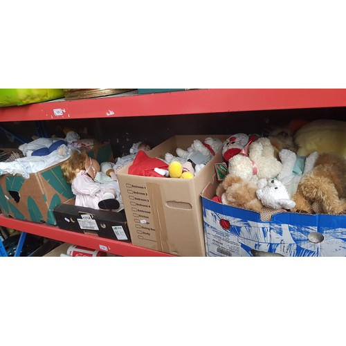 129 - 4 boxes of soft toys and dolls
