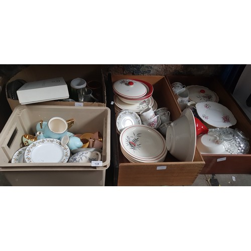 134 - 4 boxes of mixed pottery, pewter ware, silver plated dressing table set, glass etc
