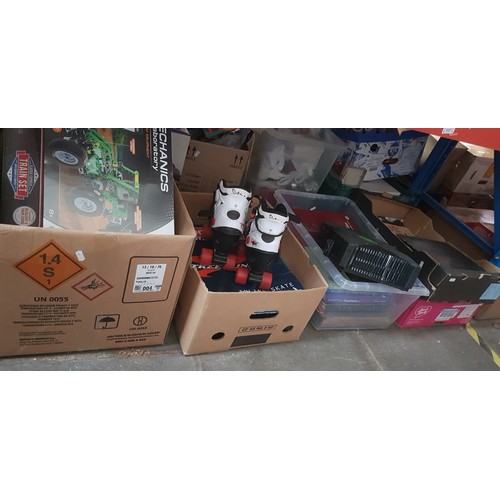 157 - 5 boxes of mixed items to include x-box, roller boots, inline skates, books, family bible, boxed gam... 