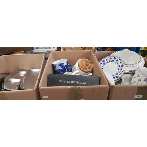 187 - Three boxes of mainly ceramics and metalware, including Waterford Crystal cake server