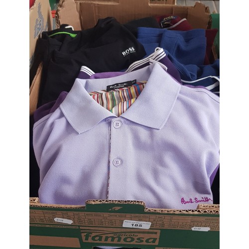 185 - A box containing appx 12 gents polo and tee shirts etc including Paul Smith, Boss, Polo Ralph Lauren... 