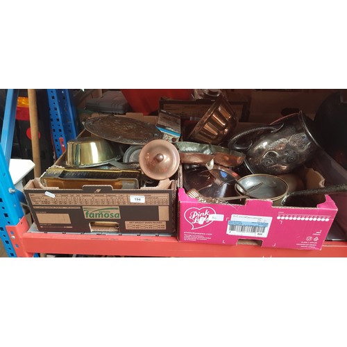 194 - Two boxes of metal ware including copper, brass and plated wares