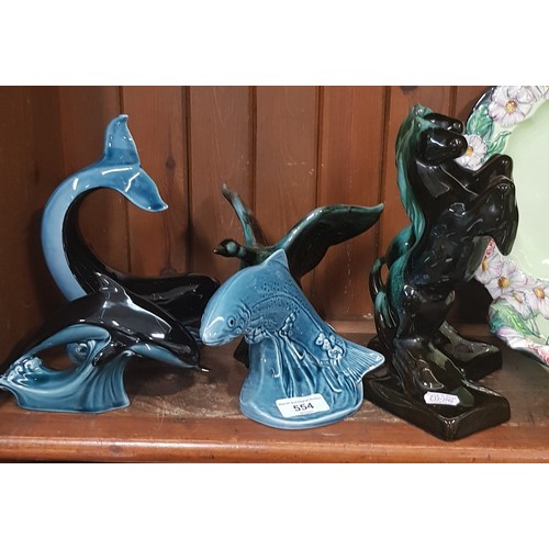 554 - 3 items of Poole pottery - whale, salmon and dolphin together with 3 pieces of Canadian Blue Mountai... 