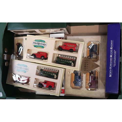 566 - 8 Lledo boxed model vehicle sets including Famous Stores of London, North Yorkshire Moors Railway et... 