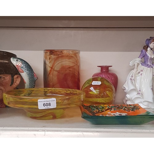 608 - Maltese glass - 4 Mdina pieces including paperweight approx 10cm diameter and shallow bowl approx 20... 