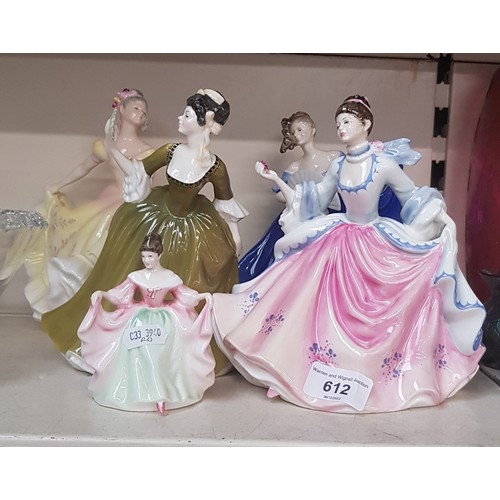 612 - 5 Royal Doulton figures including Rebecca HN2805, Elaine HN2791 etc.