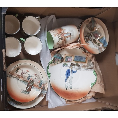 636 - A box of Royal Doulton Dickensware, all D2973/D3020, 4 x cups, saucers, side plates & desert bowls +... 