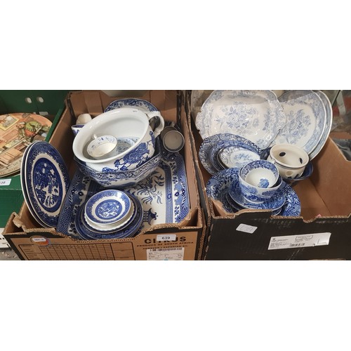 639 - Two boxes of blue and white pottery