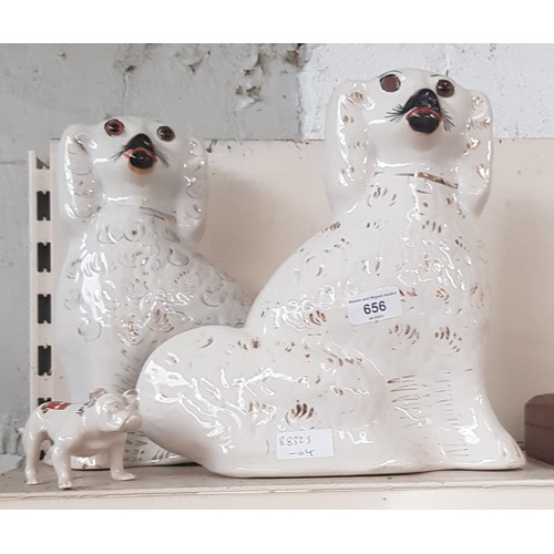 656 - Pair of Staffordshire pot dogs and a crested bulldog