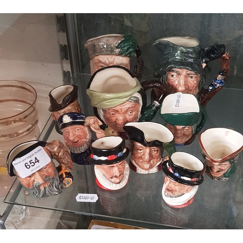 654 - 11 various Royal Doulton character jugs, 8 miniature & 3 small, Rip van Winkle, Sairey Gamp, Robinso... 