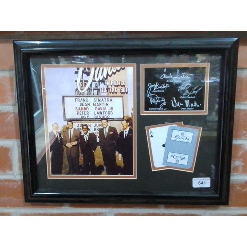 641 - A Framed Rat Pack photo display with printed signatures and Sands Hotel playing cards.