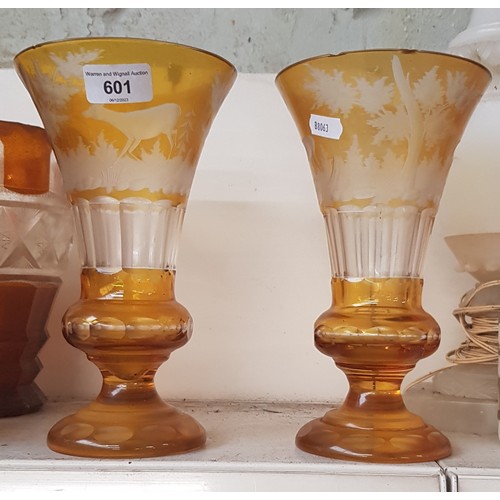 601 - Pair of late 19th century Bohemian amber glass vases etched with deer in a landscape