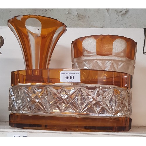 600 - Three Bohemian amber and clear glass vases