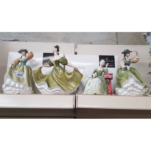 599 - Four Royal Doulton figurines (two with boxes) and a continental porcelain stand