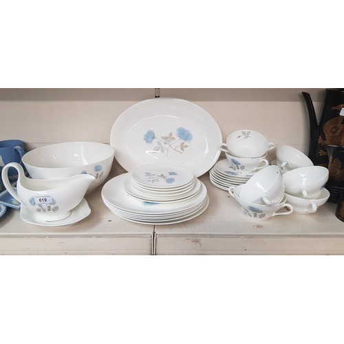 619 - Wedgwood ‘Ice Rose’ dinner wares including 6 dinner plates (27cm), 8 soup coupes & stands, large sal... 