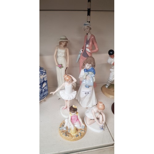 675 - Three small Royal Doulton figures, two Nao figures and another