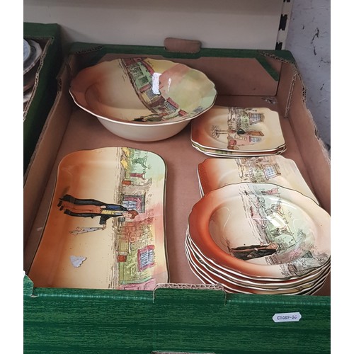 678 - A box of Royal Doulton Dickensware, all d5175, 7 piece desert set and 7 piece sandwich set.