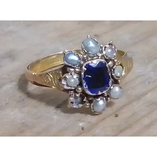 90 - An antique blue paste and pearl ring, gross weight. 3.2g, size P.