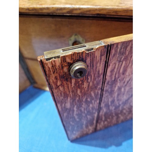 447 - A 19th century oak cabinet with two drawers and campaign style handles.