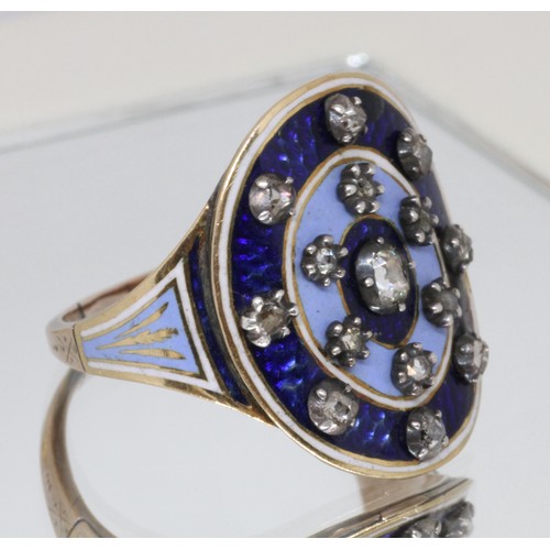 1 - A Georgian blue enamel and diamond ring, the oval measuring approx. 20mm x 17mm and set with fifteen... 