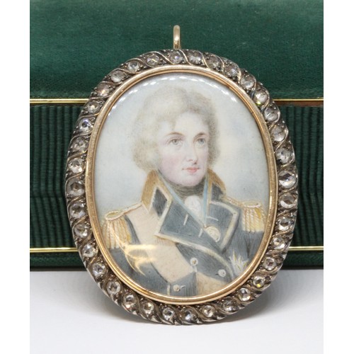 6 - A late 18th century portrait miniature on ivory, circa 1790, depicting Lord Nelson, surrounded by a ... 