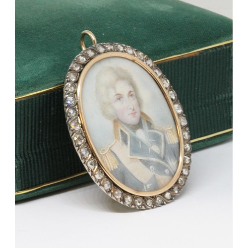6 - A late 18th century portrait miniature on ivory, circa 1790, depicting Lord Nelson, surrounded by a ... 