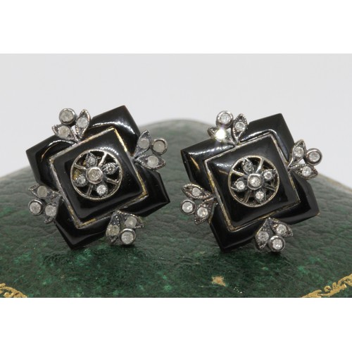 13 - A pair of black onyx and diamond cluster earrings, yellow and white metal unmarked, gross wt. 4.6g, ... 