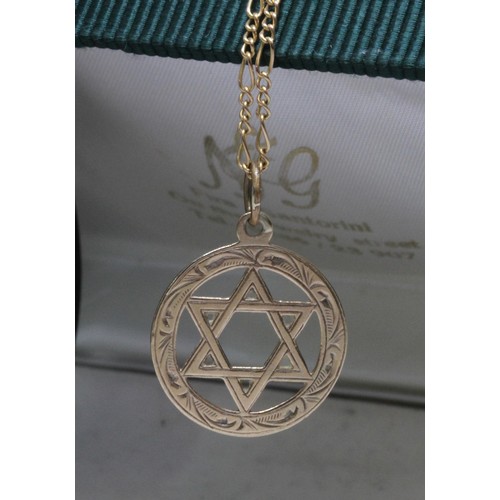 38 - A hallmarked 9ct gold star of David pendant on 57cm chain indistinctly marked, gross weight 5g.