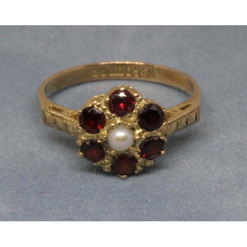 28 - A hallmarked 9ct gold garnet and pearl cluster ring, gross wt. 2.5g, size M.