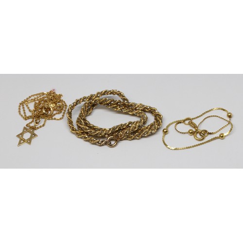 41 - 9ct gold comprising a star pendant on chain, a rope twist necklace and a bead and a link bracelet, a... 