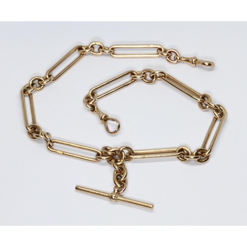 47 - A 9ct gold trombone link Albert chain with T bar and two dog clip clasps, The Albion Chain Company, ... 